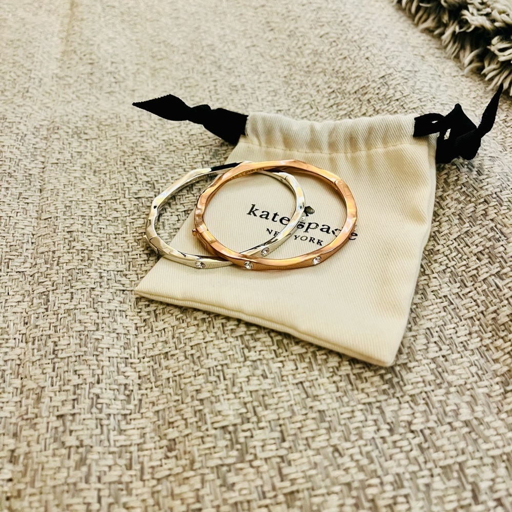 kate spade NWOT Heavy Metals Crystal Hinged Bangle Set - Rose Gold & Silver - Picture 1 of 4